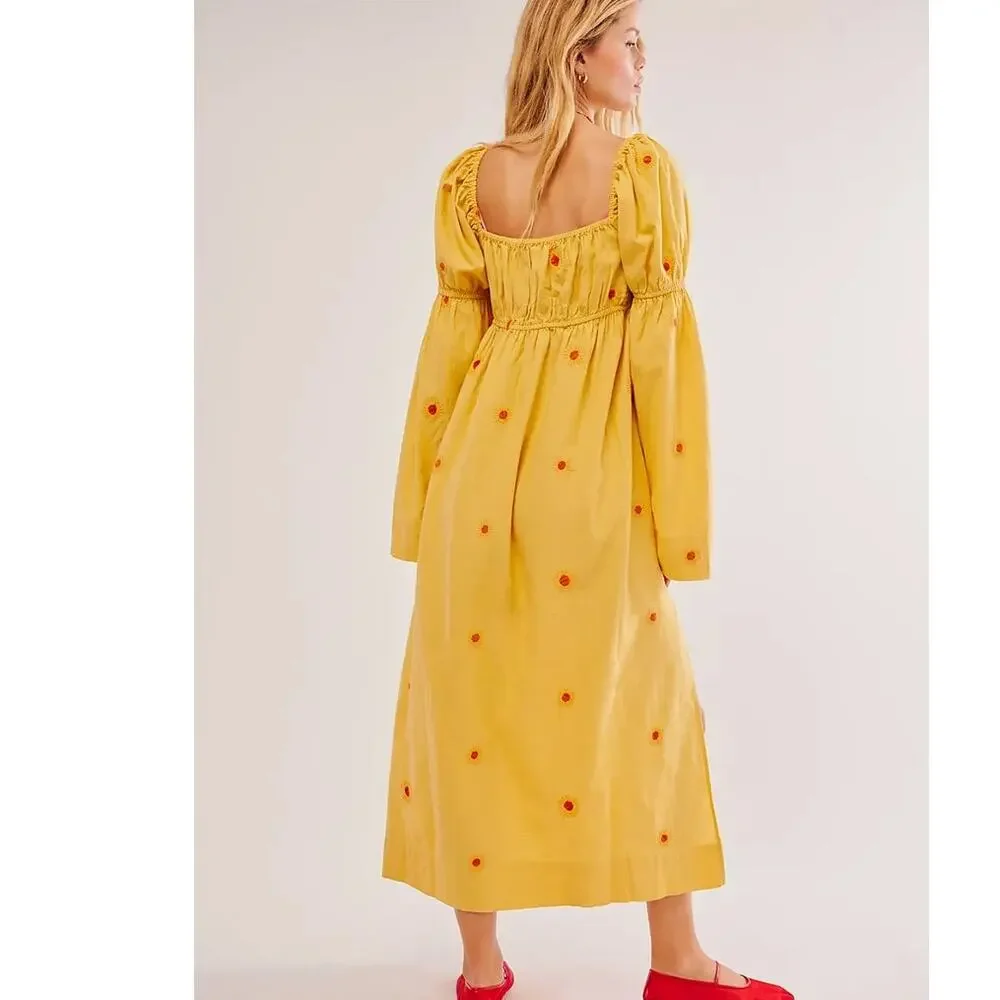 NWT Free People Emory Embroidered Midi Dress $168 SMALL Yellow